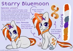 Size: 2048x1422 | Tagged: safe, artist:pineappleartz, derpibooru import, oc, oc:starry bluemoon, pony, unicorn, cutie mark, female, flower, image, jpeg, lying down, magic, reference sheet, sitting, smiling, solo, story included