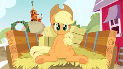 Size: 3840x2160 | Tagged: safe, artist:spookitty, derpibooru import, applejack, earth pony, pony, my little pony: the movie, applejack's hat, belly, commission, cowboy hat, cute, freckles, green eyes, hat, hay, hay bale, image, jackabetes, looking at you, movie accurate, png, sitting, smiling, solo, underhoof, wagon