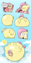 Size: 2046x4096 | Tagged: safe, artist:tuft, derpibooru import, angel bunny, fluttershy, pegasus, pony, :t, belly, big belly, bingo wings, blimp, blushing, cloud, comic, dialogue, embarrassed, eyes closed, floating, floppy ears, flutterblimp, helium inflation, helium tank, hose, huge belly, image, impossibly large belly, inflation, jpeg, neck roll, offscreen character, sky, sweat, sweatdrops, underhoof, wide eyes