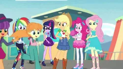 Size: 1920x1080 | Tagged: safe, derpibooru import, screencap, applejack, fluttershy, megan williams, pinkie pie, rainbow dash, sci-twi, sunset shimmer, twilight sparkle, equestria girls, equestria girls series, rollercoaster of friendship, female, g1, image, offscreen character, outdoors, png