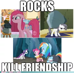 Size: 500x493 | Tagged: safe, derpibooru import, edit, edited screencap, screencap, chancellor puddinghead, commander hurricane, pinkie pie, princess platinum, rainbow dash, rarity, rocky, tom, earth pony, pegasus, pony, unicorn, hearth's warming eve (episode), party of one, season 1, season 2, the return of harmony, hub logo, image, meme, my little brony, pinkamena diane pie, png, rock