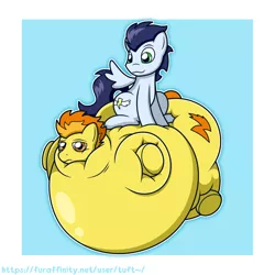 Size: 1280x1280 | Tagged: safe, artist:tuft, derpibooru import, soarin', spitfire, pegasus, pony, belly, big belly, bingo wings, blimp, blue background, butt, duo, female, floating, huge belly, huge butt, image, impossibly large belly, impossibly large butt, inflation, jpeg, large butt, male, mare, simple background, sitting, smiling, spitfire is not amused, stallion, underhoof, white border