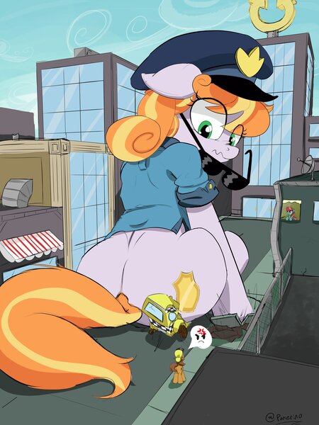 Size: 1500x2000 | Tagged: safe, artist:ponerino, derpibooru import, pony, :c, >:c, angry, butt, city, colored, cross-popping veins, destruction, digital art, female, frown, giant pony, image, jpeg, looking back, macro, male, mare, nervous, plot, police, police pony, stallion, sunglasses, taxi, taxi pony, wavy mouth