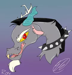 Size: 1080x1120 | Tagged: safe, artist:roxx, derpibooru import, discord, draconequus, antlers, collar, crazy eyes, ear piercing, goth, image, jpeg, looking at you, male, piercing, punk, sharp teeth, signature, simple background, solo, spiked collar, spikes, teeth, tongue out, tongue piercing