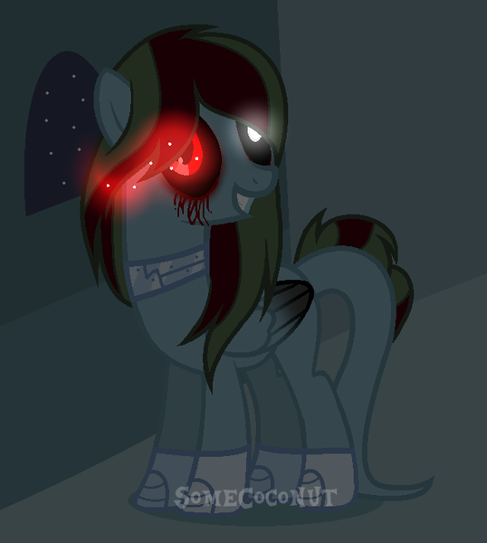 Size: 639x712 | Tagged: semi-grimdark, artist:somecoconut, derpibooru import, oc, oc:rosetta, unofficial characters only, pegasus, pony, .exe, adoracreepy, base used, blood, collar, creepy, crying, cute, female, grin, heterochromia, hoof shoes, image, indoors, mare, night, pegasus oc, png, smiling, solo, sombra eyes, stars, tears of blood, wings