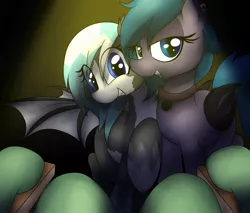 Size: 2308x1964 | Tagged: safe, artist:datte-before-dawn, oc, oc:belfry towers, unofficial characters only, bat pony, pony, bald face, bat pony oc, bat wings, chair, coat markings, collar, eye clipping through hair, female, image, jpeg, lidded eyes, looking at you, mare, offscreen character, pale belly, pov, raised hoof, sitting, smiling, spread wings, wings