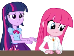 Size: 1237x943 | Tagged: safe, derpibooru import, pinkie pie, twilight sparkle, equestria girls, clothes, hime cut, image, long sleeves, pinkamena diane pie, png, sad, simple background, transparent background