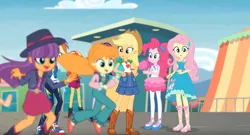 Size: 1920x1040 | Tagged: safe, derpibooru import, edit, edited screencap, screencap, applejack, fluttershy, megan williams, pinkie pie, rainbow dash, sci-twi, sunset shimmer, twilight sparkle, equestria girls, equestria girls series, rollercoaster of friendship, cropped, female, g1, image, offscreen character, outdoors, png