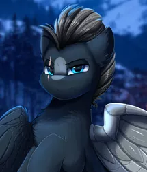 Size: 2582x3003 | Tagged: safe, artist:pridark, derpibooru import, oc, unofficial characters only, pegasus, pony, amputee, artificial wings, augmented, blue eyes, commission, eye scar, high res, image, lidded eyes, looking at you, male, night, night sky, pegasus oc, png, prosthetic limb, prosthetic wing, prosthetics, scar, sky, smiling, wings