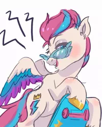 Size: 744x929 | Tagged: safe, artist:funkyfurs, derpibooru import, zipp storm, pegasus, pony, blushing, colored wings, female, g5, glasses, image, jpeg, mare, multicolored wings, open mouth, simple background, skateboard, solo, unshorn fetlocks, white background, wings