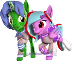 Size: 2499x2096 | Tagged: safe, alternate version, artist:melodiousmarci, derpibooru import, oc, oc:omega(omegacreeper), oc:star beats, pegasus, pony, unicorn, 3d, clothes, dress, image, looking at each other, oc x oc, omegamarci, png, school uniform, shipping, shirt, shoes, simple background, socks, source filmmaker, transparent background