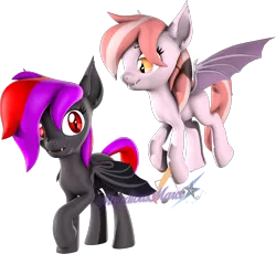 Size: 2318x2129 | Tagged: safe, artist:melodiousmarci, derpibooru import, oc, oc:alum orchid, oc:strawberry gleam, bat pony, pony, 3d, female, flying, image, lesbian, looking at each other, oc x oc, png, shipping, simple background, source filmmaker, transparent background