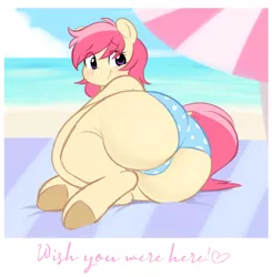 Size: 2000x2040 | Tagged: suggestive, artist:montsundere, derpibooru import, oc, oc:sunny colada, unofficial characters only, earth pony, pony, beach, blushing, butt, clothes, dock, earth pony oc, eye clipping through hair, eyebrows, eyebrows visible through hair, fat, female, high res, image, jpeg, large butt, looking at you, looking back, looking back at you, lying down, mare, panties, plot, rear view, side, smiling, smiling at you, solo, solo female, the ass was fat, umbrella, underhoof, underwear, water