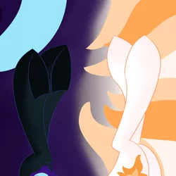 Size: 2500x2500 | Tagged: safe, artist:cycrus, derpibooru import, daybreaker, nightmare moon, alicorn, pony, abstract background, duo, duo female, female, fetish, high res, hoof fetish, image, legs, legs in air, mare, pictures of legs, png