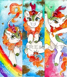 Size: 1931x2226 | Tagged: safe, artist:lailyren, derpibooru import, autumn blaze, kirin, bookmark, cloven hooves, female, image, jpeg, leonine tail, looking at you, mare, rainbow, smiling, solo, tongue out, traditional art, watercolor painting, watermark