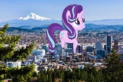 Size: 2048x1366 | Tagged: safe, artist:sirmlp1, derpibooru import, starlight glimmer, pony, female, giantess, highrise ponies, image, irl, macro, oregon, photo, png, ponies in real life, portland