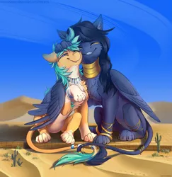 Size: 2913x3000 | Tagged: safe, artist:mithriss, derpibooru import, oc, oc:summer ray, unofficial characters only, sphinx, anklet, bracelet, chest fluff, desert, duo, eyes closed, grin, head pat, hug, image, intertwined tails, jewelry, macro, necklace, one eye closed, pat, png, ring, smiling, species swap, sphinxified, tail, tail ring, winghug, wings