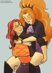 Size: 2480x3508 | Tagged: safe, artist:nire, derpibooru import, adagio dazzle, sunset shimmer, equestria girls, blushing, blushing profusely, boots, bracelet, clothes, embarrassed, eyes closed, female, frown, headband, image, jacket, lesbian, piggyback ride, png, shipping, shoes, shorts, smiling, spiked wristband, sunsagio, sweat, sweatdrop, wristband
