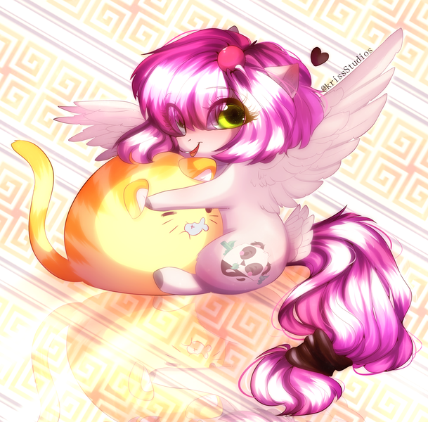 Size: 2231x2197 | Tagged: safe, artist:krissstudios, derpibooru import, oc, cat, pegasus, pony, chibi, chubbie, female, hug, image, mare, png, solo