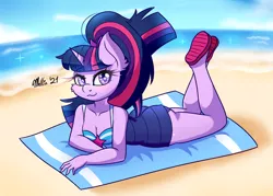 Size: 1400x1000 | Tagged: safe, artist:melliedraws, derpibooru import, twilight sparkle, anthro, beach, clothes, image, one-piece swimsuit, png, solo, swimsuit