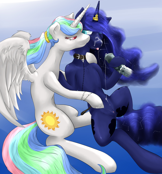 Size: 2634x2822 | Tagged: explicit, artist:thehashbaron, derpibooru import, princess celestia, princess luna, alicorn, pony, collar, cum, disembodied penis, female, horn, horn ring, horsecock, image, incest, jpeg, leash, lesbian, magic suppression, mare, nudity, one eye closed, penis, princest, ring, shipping, siblings, sisters, tongue out, vulva, wink