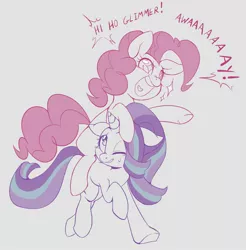 Size: 2019x2048 | Tagged: safe, artist:jessy, derpibooru import, pinkie pie, starlight glimmer, earth pony, pony, unicorn, dialogue, horse riding a horse, image, jpeg