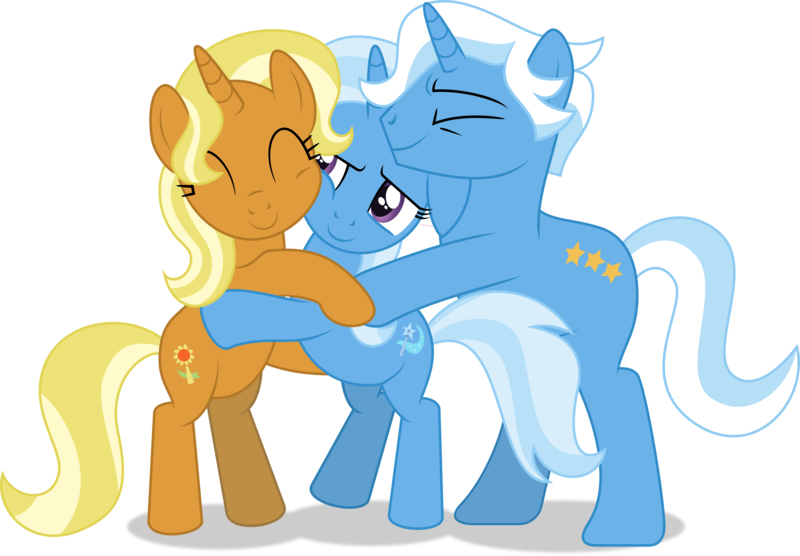 Size: 6618x4602 | Tagged: safe, artist:thatusualguy06, derpibooru import, jack pot, sunflower spectacle, trixie, pony, unicorn, absurd resolution, atg 2021, eyes closed, family, female, hug, hug sandwich, image, leaning, male, mare, newbie artist training grounds, png, simple background, smiling, stallion, transparent background, trio, trixie's family, vector