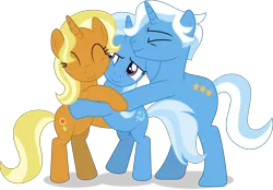 Size: 6618x4602 | Tagged: safe, artist:thatusualguy06, derpibooru import, jack pot, sunflower spectacle, trixie, pony, unicorn, absurd resolution, atg 2021, eyes closed, family, female, hug, hug sandwich, image, leaning, male, mare, newbie artist training grounds, png, simple background, smiling, stallion, transparent background, trio, trixie's family, vector