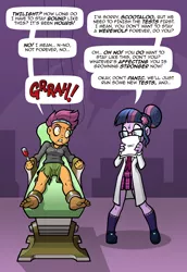 Size: 1000x1455 | Tagged: suggestive, artist:toonbat, derpibooru import, sci-twi, scootaloo, twilight sparkle, series:scootawoo, equestria girls, bondage, chair, clothes, image, lab coat, laboratory, lycanthropy, patreon, patreon reward, png, this will end in pain, unsexy bondage