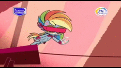 Size: 640x360 | Tagged: safe, derpibooru import, screencap, rainbow dash, my little pony: pony life, spoiler:pony life s02e20, animated, bipedal, blindfold, circus, fail, goggles, image, juggling, little miss fortune, solo, spotlight, tightrope, wasted, webm