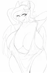 Size: 910x1406 | Tagged: suggestive, artist:littlebibbo, derpibooru import, oc, oc:bibbo, unofficial characters only, anthro, pegasus, absolute cleavage, arm behind head, armpits, big breasts, bracelet, breasts, cleavage, ear piercing, earring, female, huge breasts, image, jewelry, jpeg, monochrome, one eye closed, open mouth, piercing, ponytail, simple background, sketch, smiling, solo, solo female, white background