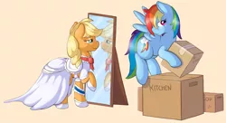 Size: 4301x2335 | Tagged: safe, artist:ratofdrawn, applejack, rainbow dash, earth pony, pegasus, pony, comic:wedding thank you, appledash, clothes, dress, female, flying, image, lesbian, mare, mirror, png, shipping, wedding dress