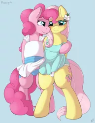 Size: 2569x3321 | Tagged: suggestive, alternate version, artist:ratofdrawn, fluttershy, pinkie pie, earth pony, pegasus, pony, comic:wedding thank you, bipedal, clothes, dress, female, females only, flower, flower girl, flower girl dress, hug, image, lingerie, mare, png, wedding dress