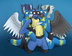 Size: 5000x3929 | Tagged: suggestive, artist:tacomytaco, derpibooru import, soarin', thunderlane, lucario, pegasus, pony, bedroom eyes, belly button, blushing, butt touch, clothes, crotch bulge, gay, gradient background, hand on butt, hand on hip, hug, image, kneeling, male, males only, open mouth, png, pokémon, shorts, smiling, spread wings, tongue out, uniform, wings, wonderbolts uniform