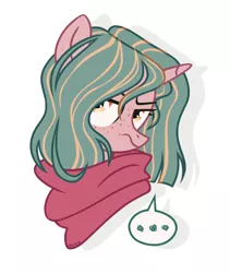 Size: 1054x1249 | Tagged: safe, artist:petruse4ka, derpibooru import, oc, unofficial characters only, pony, unicorn, ..., bust, clothes, freckles, frown, horn, image, png, scarf, simple background, solo, unicorn oc, white background