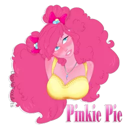 Size: 2703x2730 | Tagged: suggestive, artist:daniefox, derpibooru import, pinkie pie, human, alternate hairstyle, breasts, busty pinkie pie, cleavage, female, high res, humanized, image, png, pony coloring, simple background, solo, text, transparent background, white outline