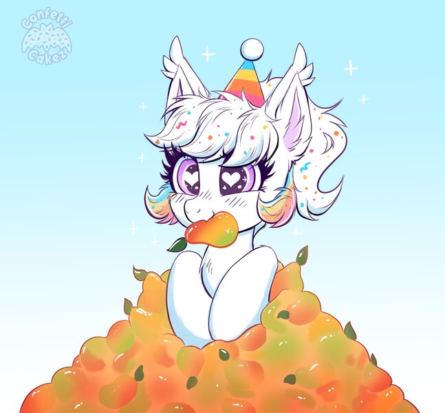 Size: 4096x3800 | Tagged: safe, artist:confetticakez, derpibooru import, oc, oc:confetti cupcake, unofficial characters only, bat pony, pony, atg 2021, blushing, food, hat, heart eyes, image, jpeg, mango, newbie artist training grounds, party hat, smiling, solo, wingding eyes