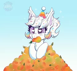 Size: 4096x3800 | Tagged: safe, artist:confetticakez, derpibooru import, oc, oc:confetti cupcake, unofficial characters only, bat pony, pony, atg 2021, blushing, food, hat, heart eyes, image, jpeg, mango, newbie artist training grounds, party hat, smiling, solo, wingding eyes