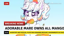 Size: 1280x720 | Tagged: safe, artist:confetticakez, artist:lahtdah2, derpibooru import, edit, oc, oc:confetti cupcake, unofficial characters only, bat pony, pony, blushing, break your own news, food, hat, heart eyes, image, jpeg, mango, news, party hat, smiling, solo, wingding eyes