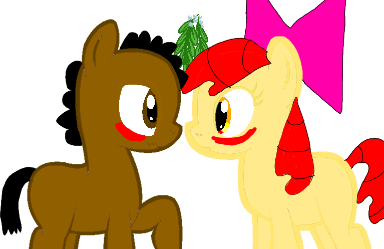 Size: 767x497 | Tagged: safe, derpibooru import, apple bloom, oc, oc:ladainian otis, 1000 hours in ms paint, base used, blushing, boop, bow, canon x oc, eye contact, female, image, ladainianbloom, looking at each other, love, male, mistletoe, noseboop, png, shipping, straight