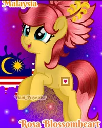 Size: 720x903 | Tagged: safe, artist:viani_pegasister, derpibooru import, oc, oc:rosa blossomheart, ponified, earth pony, pony, female, image, jpeg, malaysia, mare, name, nation ponies, open mouth, paint, smiling, stars, watermark