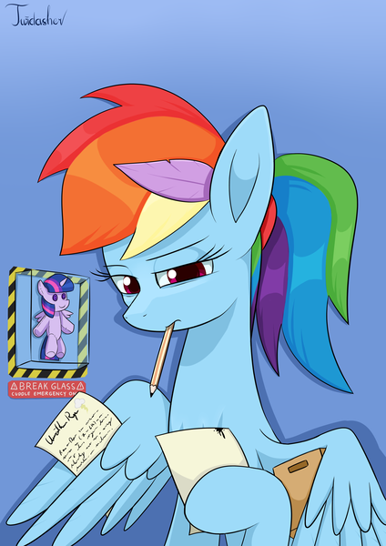 Size: 2480x3507 | Tagged: safe, artist:twidasher, derpibooru import, rainbow dash, twilight sparkle, twilight sparkle (alicorn), alicorn, pegasus, pony, emergency glass, emergency pony, feather, female, glass, image, in case of emergency, lesbian, mouth hold, paper, pencil, pencil in mouth, plushie, png, ponytail, shipping, signature, twidash, wing hands, wings