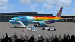 Size: 1199x674 | Tagged: safe, artist:electrahybrida, derpibooru import, applejack, fluttershy, pinkie pie, rainbow dash, rarity, sci-twi, sunset shimmer, twilight sparkle, equestria girls, equestria girls series, airport, audience, boeing 777, image, paparazzi, plane, png, police, police car, rainbow, stair truck, stairs, tarmac, the rainbooms, the rainbooms tour bus, the rainbooms tour plane