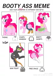 Size: 2860x4096 | Tagged: suggestive, artist:datzigga, derpibooru import, pinkie pie, earth pony, pony, assless chaps, balloonbutt, bodysuit, booty shorts, butt, catsuit, clothes, collage, cowboy hat, cute, diapinkes, goggles, hat, image, looking back, meme, night vision goggles, panties, pinkie spy, png, skirt, socks, the ass was fat, thong, underwear