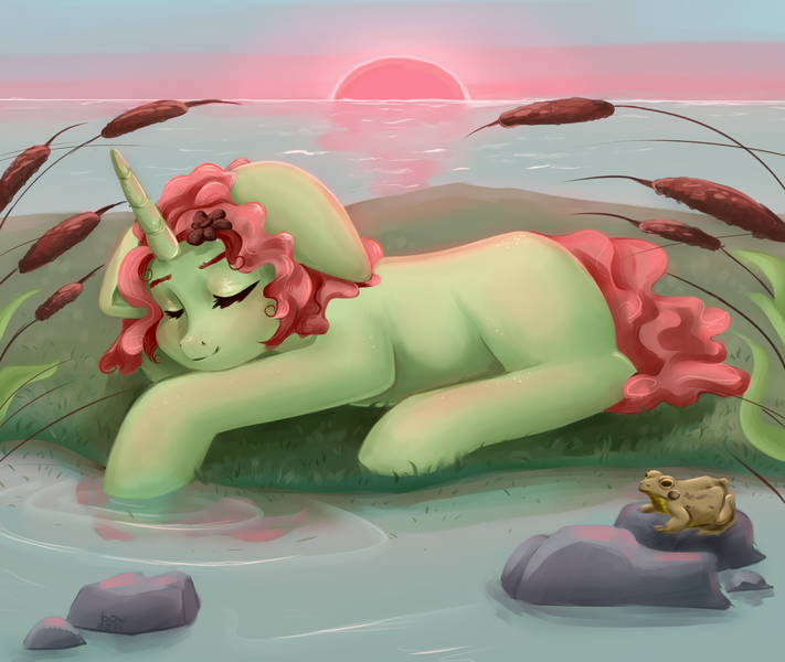 Size: 4500x3800 | Tagged: safe, artist:rinamoony, derpibooru import, oc, unofficial characters only, frog, pony, unicorn, cattails, eyes closed, female, image, lake, png, river, scenery, sleeping, solo, sunset, water