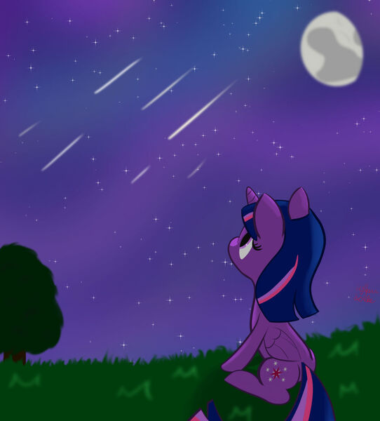 Size: 1280x1416 | Tagged: safe, artist:sylphanscribe, derpibooru import, twilight sparkle, twilight sparkle (alicorn), alicorn, pony, atg 2021, female, image, jpeg, moon, newbie artist training grounds, night, night sky, shooting star, sky, solo, stargazing