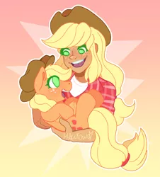 Size: 1280x1413 | Tagged: safe, artist:6hawtowo9, derpibooru import, applejack, earth pony, human, pony, abstract background, female, freckles, holding a pony, humanized, image, jpeg, open mouth, self-ponidox