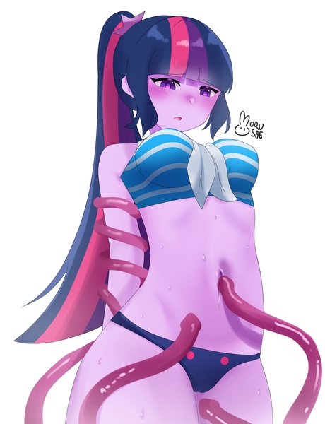 Size: 2022x2636 | Tagged: questionable, artist:morusae, derpibooru import, sci-twi, twilight sparkle, human, equestria girls, 2020s, 2021, belly button, bikini, blushing, bondage, breasts, clothes, embarrassed, female, i've seen enough hentai to know where this is going, image, jpeg, multicolored hair, ponytail, purple eyes, purple skin, simple background, solo, solo female, swimsuit, tentacle bondage, tentacle porn, tentacle rape, tentacles, tomboy, two toned topwear, white background