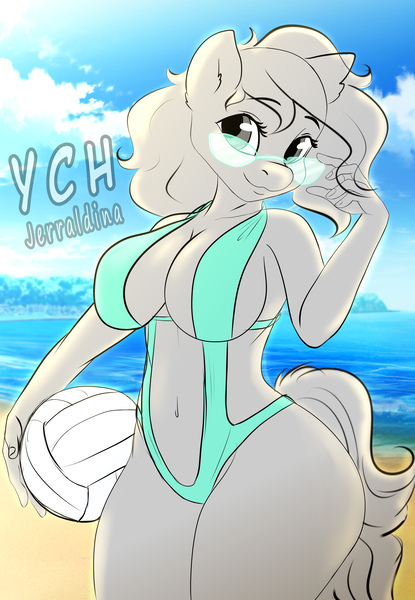 Size: 3080x4453 | Tagged: suggestive, artist:jerraldina, derpibooru import, alicorn, anthro, earth pony, human, pegasus, pony, unicorn, ball, beach, clothes, commission, furry, image, jpeg, sexy, sports, summer, sunglasses, swimsuit, volleyball, your character here