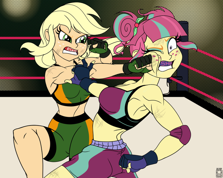 Size: 2362x1890 | Tagged: safe, artist:malevolentsamson, derpibooru import, applejack, sour sweet, equestria girls, angry, boxing, boxing ring, boxing shorts, brush, clothes, fight, fingerless gloves, gloves, image, mma, mma gloves, mouth guard, mouthguard, png, punch, sports